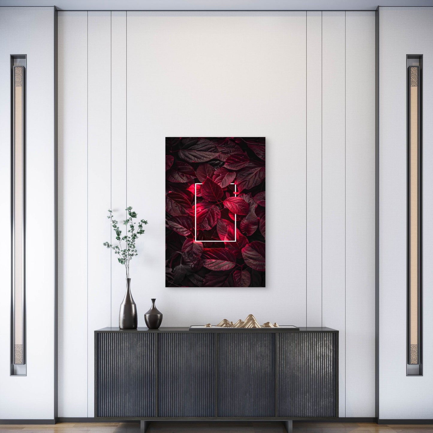Glowing Rectangle Amidst Vibrant Red and Black Leaves Metal Print Ready to Hang