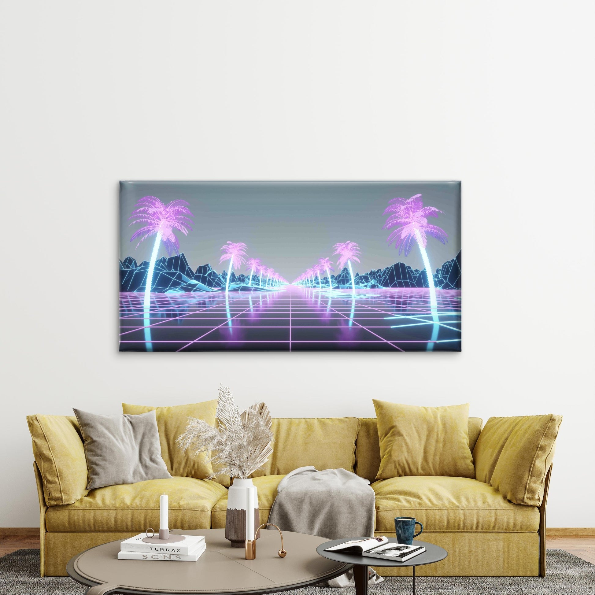 Futuristic Synthwave Background Wall Art Canvas Office Home Room Framed 120x60cm - Bella Home Decor