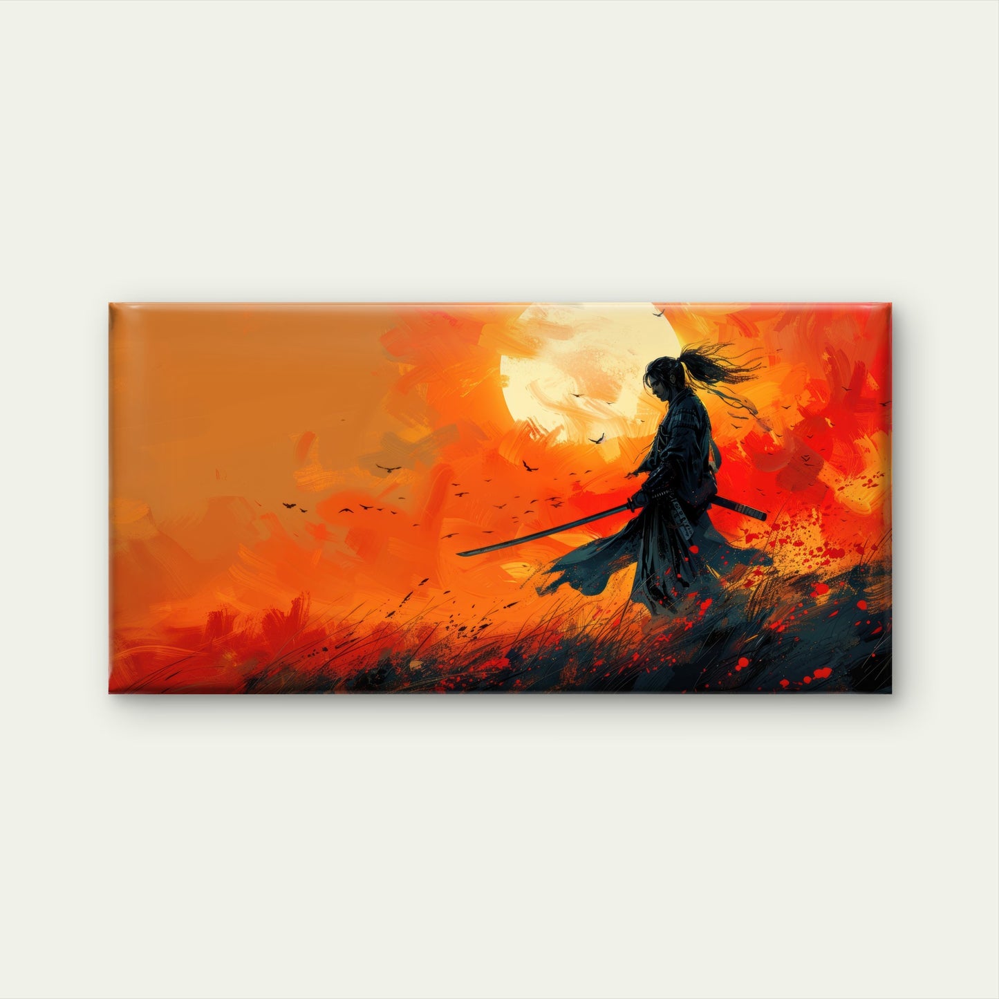 Samurai Katana Orange Dawn Wall Art Canvas Office Home Room Framed 120x60cm
