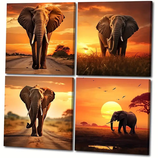 4pcs Panel African Elephant Sunrise Wall Art Canvas Framed