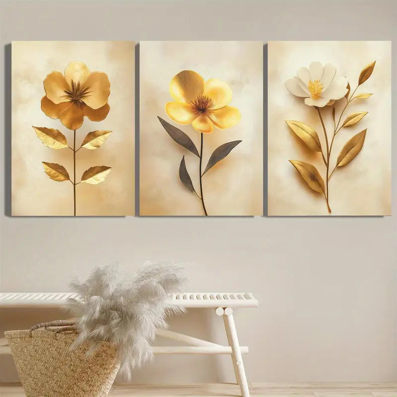 3pcs Golden Flower Metal Print Ready to Hang Art - Bella Home Decor