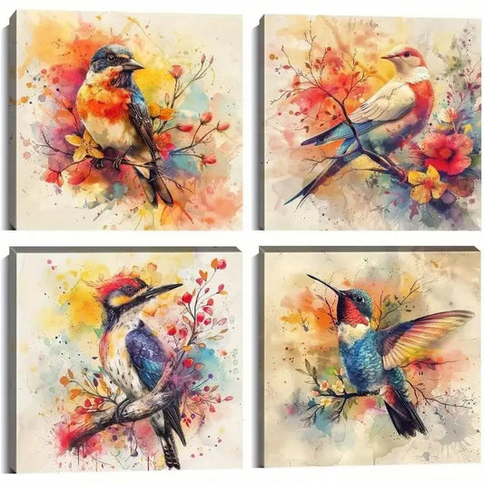 4pcs Vibrant Hummingbird   Wall Art Canvas Framed