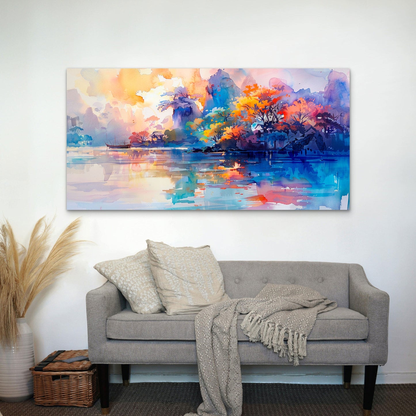 Vibrant Autumn Lake Scene Wall Art Canvas Office Home Room Framed 120x60cm