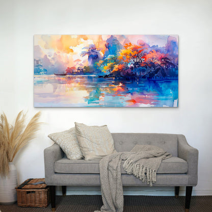 Vibrant Autumn Lake Scene Wall Art Canvas Office Home Room Framed 120x60cm