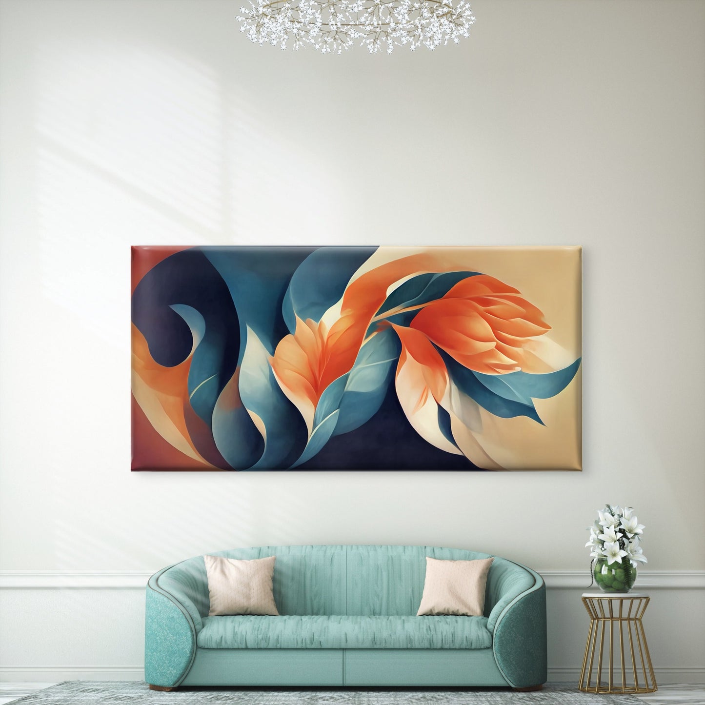 Blue Orange Floral Abstract Wall Art Canvas Office Home Room Framed 120x60cm