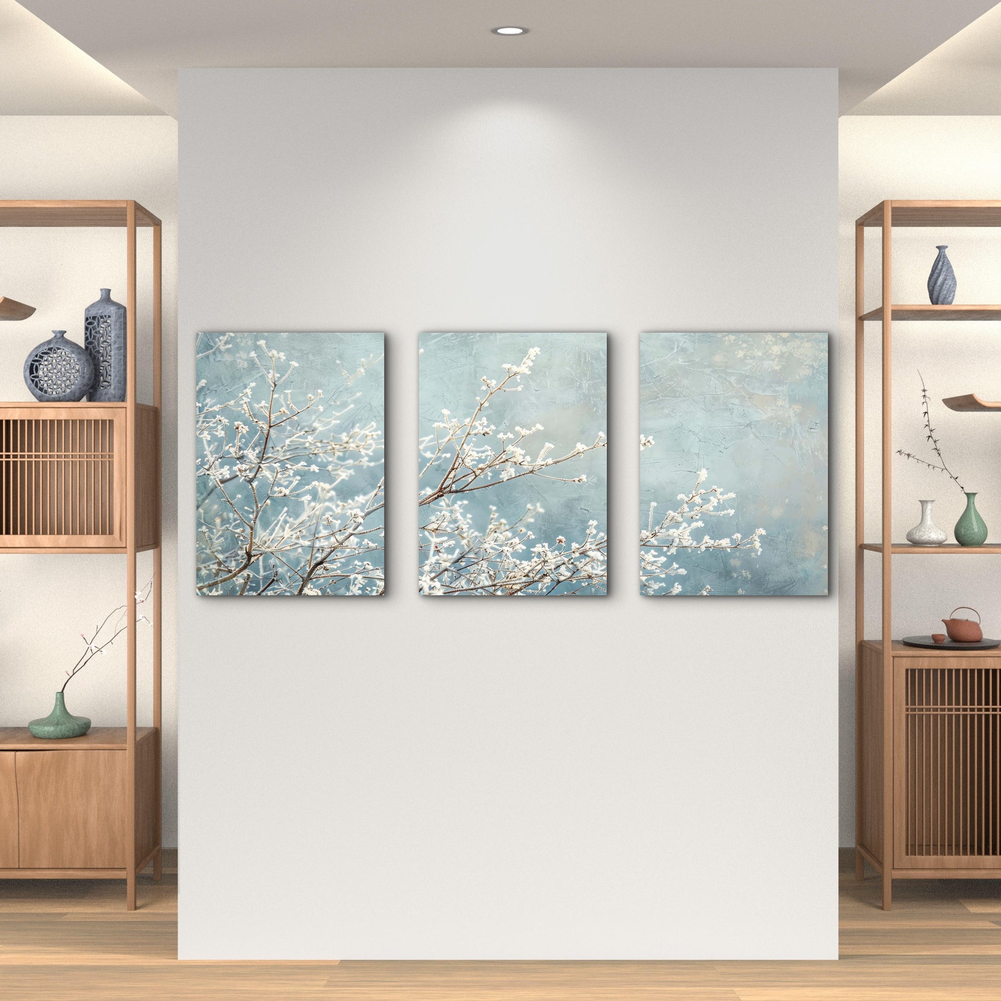 3pcs Frosted White Blossoms On Blue Sky Wall Art Set Canvas Framed 60x90cm - High Quality Print 100% Australian Made Wall Canvas Ready to Hang - Bella Home Decor