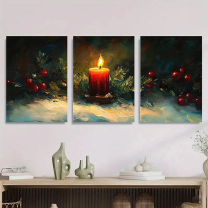 3pcs Candles And Red Berries Metal Print Ready to Hang Art - Bella Home Decor