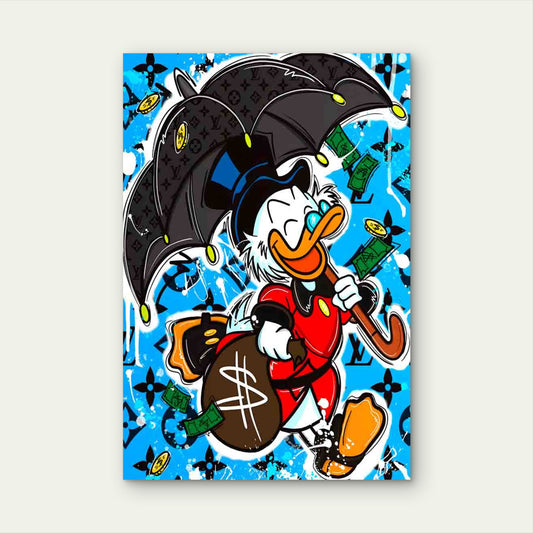 Rich Cartoon Duck Carrying Money Bag 40x60cm Metal Print Ready to Hang