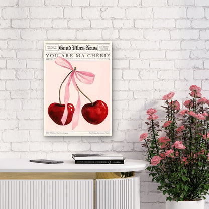 Cherries with Pink Ribbon 60x90cm Metal Print Ready to Hang - Bella Home Decor