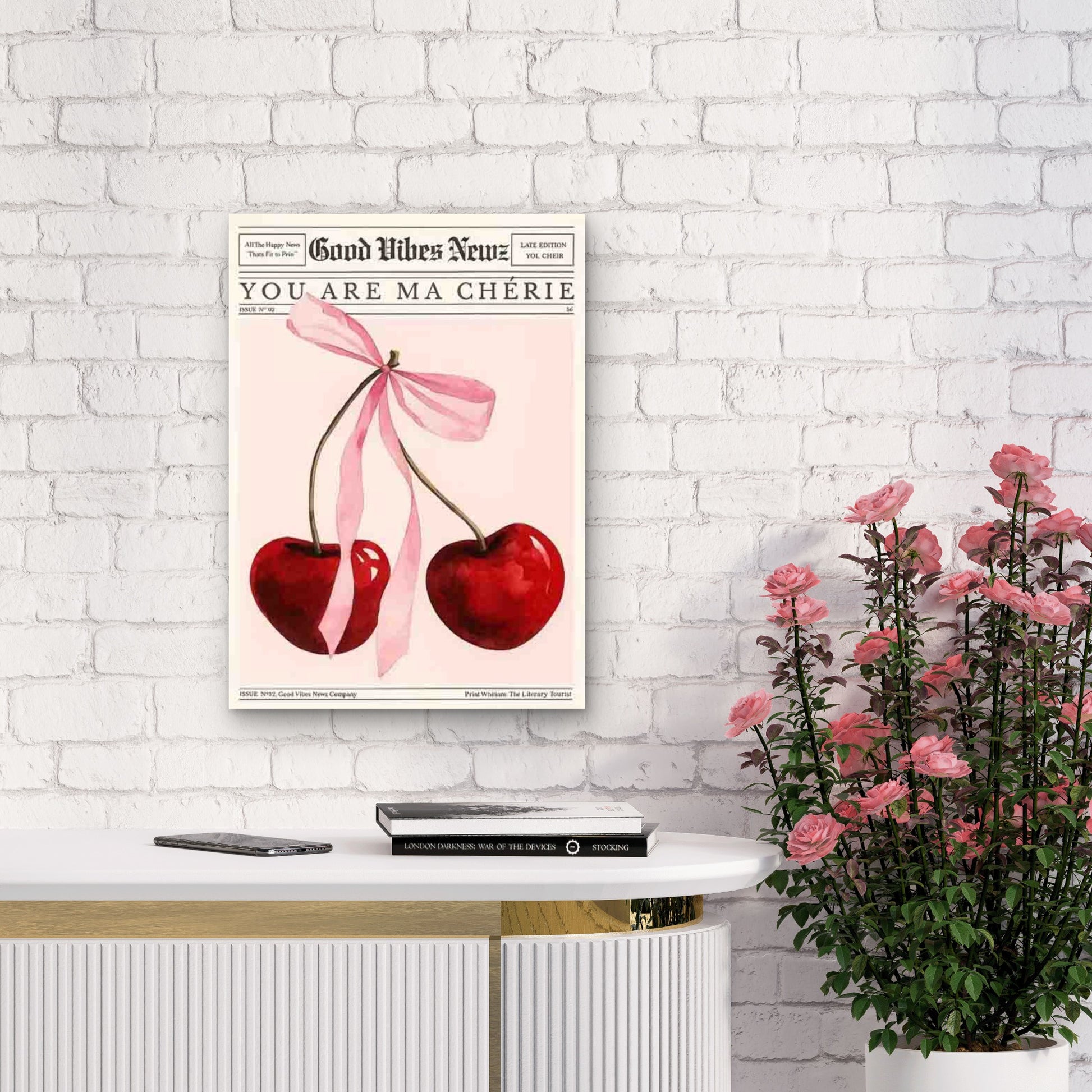 Cherries with Pink Ribbon Metal Print Ready to Hang - Bella Home Decor