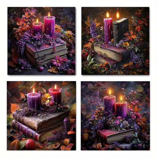 4pcs Books, Candlesticks, Flowers & Autumn Leave Wall Art Canvas Framed