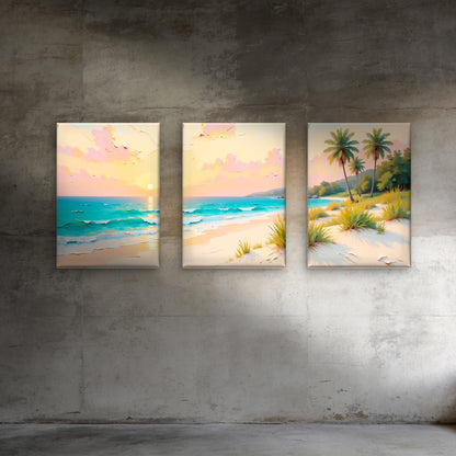 3pcs Tropical Coastal Beach Sunset Palm Tree Wall Art Set Canvas Framed 50x70cm - High Quality Print 100% Australian Made Wall Canvas Ready to Hang