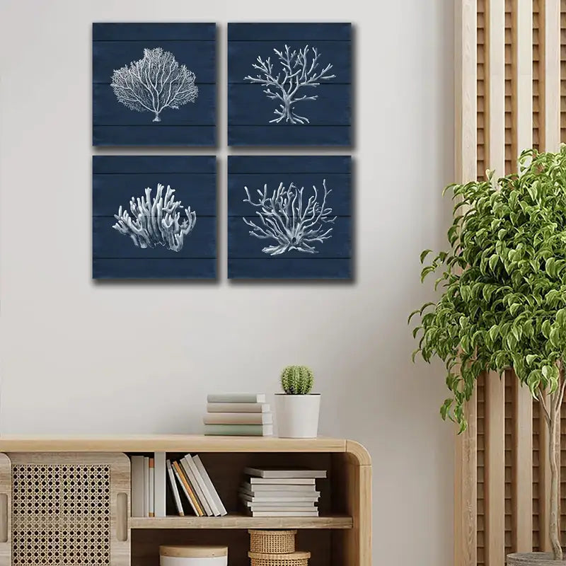 4pcs Coral Ocean Navy Blue Coastal Wall Art Canvas Framed - Bella Home Decor