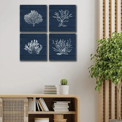 4pcs Coral Ocean Navy Blue Coastal Wall Art Canvas Framed - Bella Home Decor