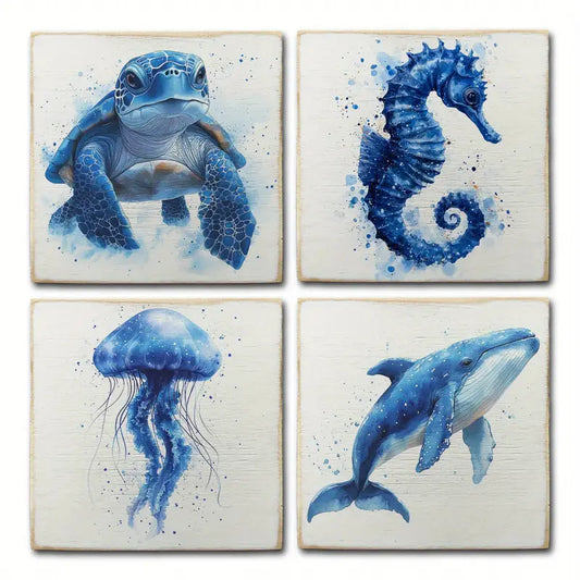 4pcsTurtle,Sea hourse,Jellyfish,Whale Wall Art Canvas Framed