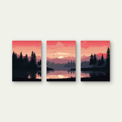 3pcs Sunset Reflecting Over Serene Lake Waters Metal Print Ready to Hang Art - Bella Home Decor