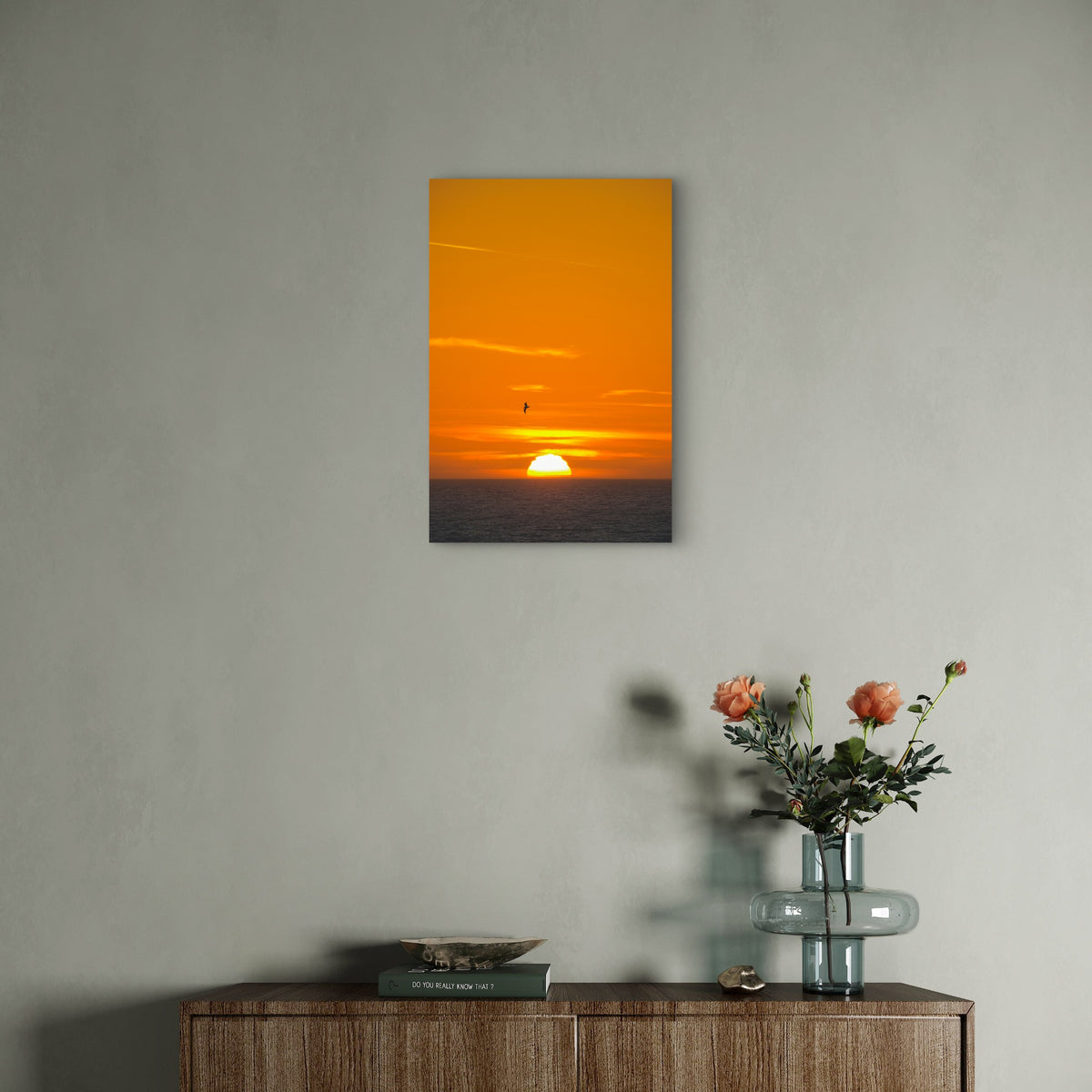 A Bird Flying Over the Ocean at Sunset 40x60cm Metal Print Ready to Hang