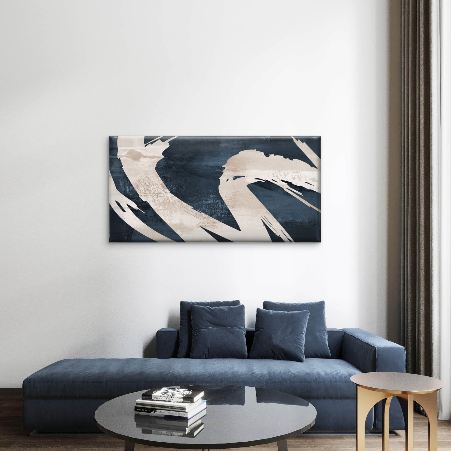 Abstract Navy Blue Beige Splash Wave Wall Art Canvas Office Home Framed 120x60cm