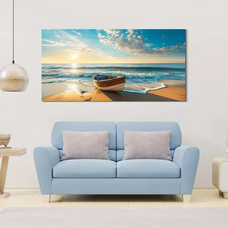 Beach Ocean Sunset Blue Waves Coastal Scene Boat & Seagulls Wall Art canvas office home room framed 120x60cm - Bella Home Decor