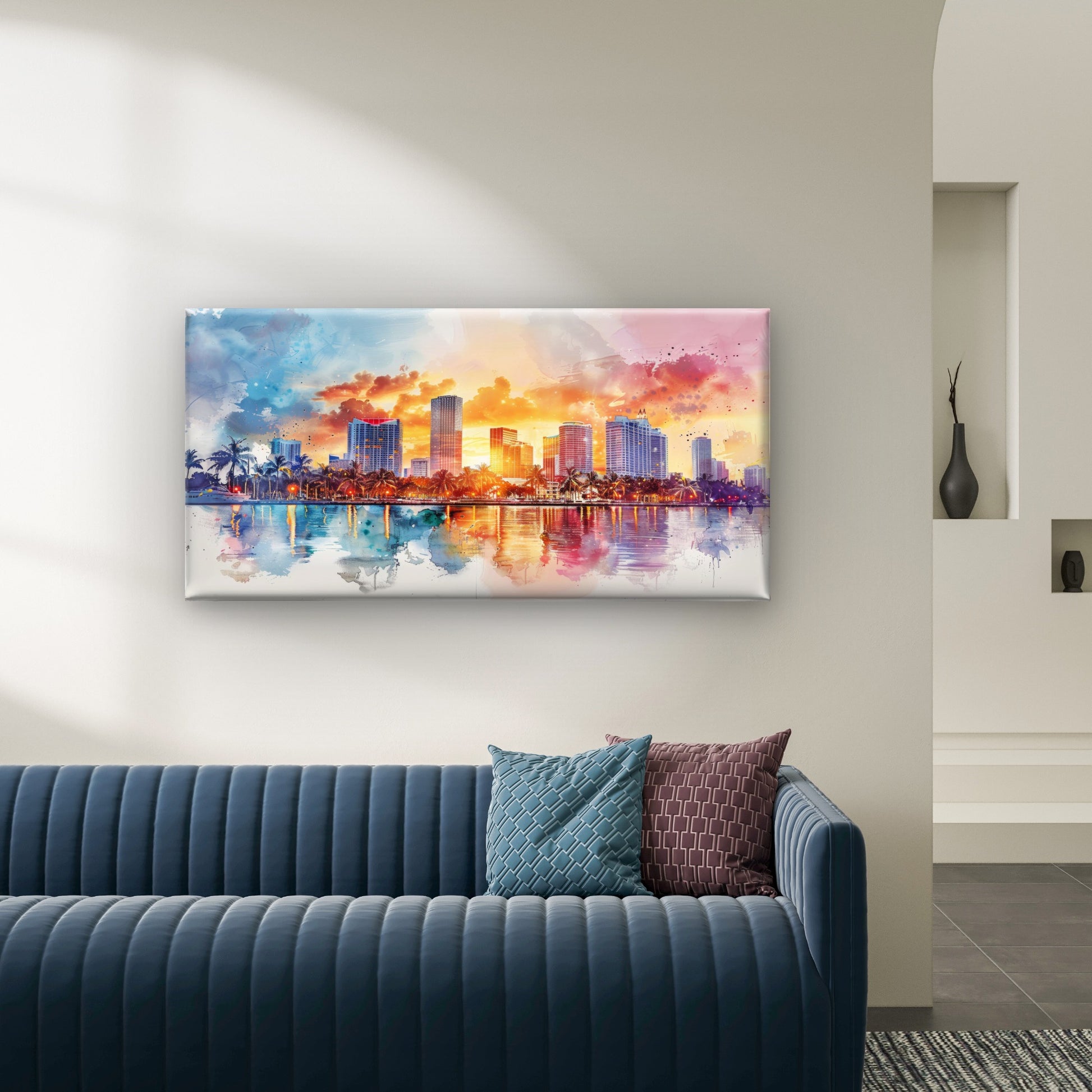 Miami Skyline Watercolor Wall Art Canvas Office Home Room Framed 120x60cm