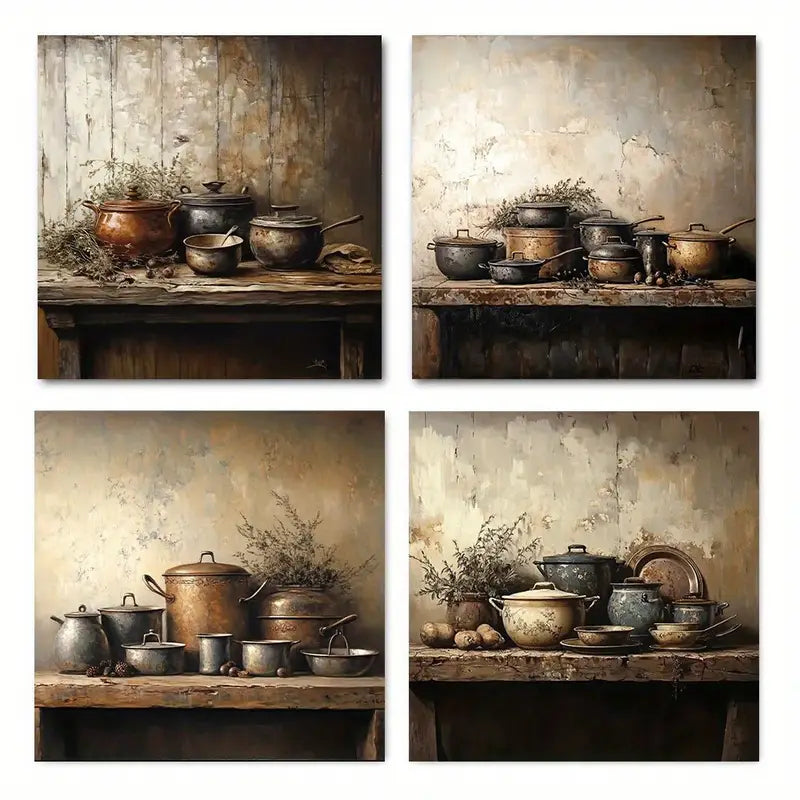 4pcs Rustic Farmhouse Kitchen Vintage    Wall Art Canvas Framed