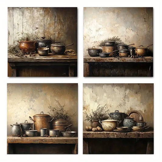 4pcs Rustic Farmhouse Kitchen Vintage    Wall Art Canvas Framed