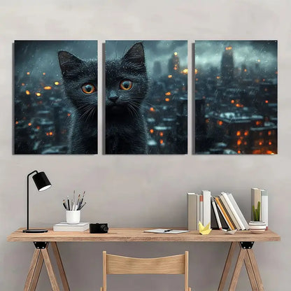 3pcs Storm Kitten And Cityscape Painting Metal Print Ready to Hang Art