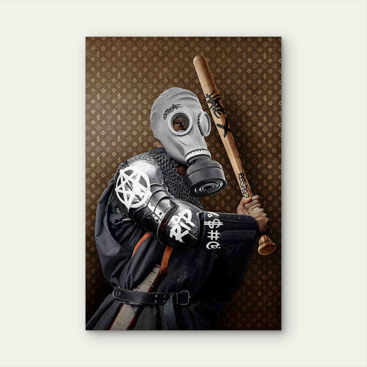 Gas Mask Samurai Baseball Bat Monogram 60x90cm Metal Print Ready to Hang