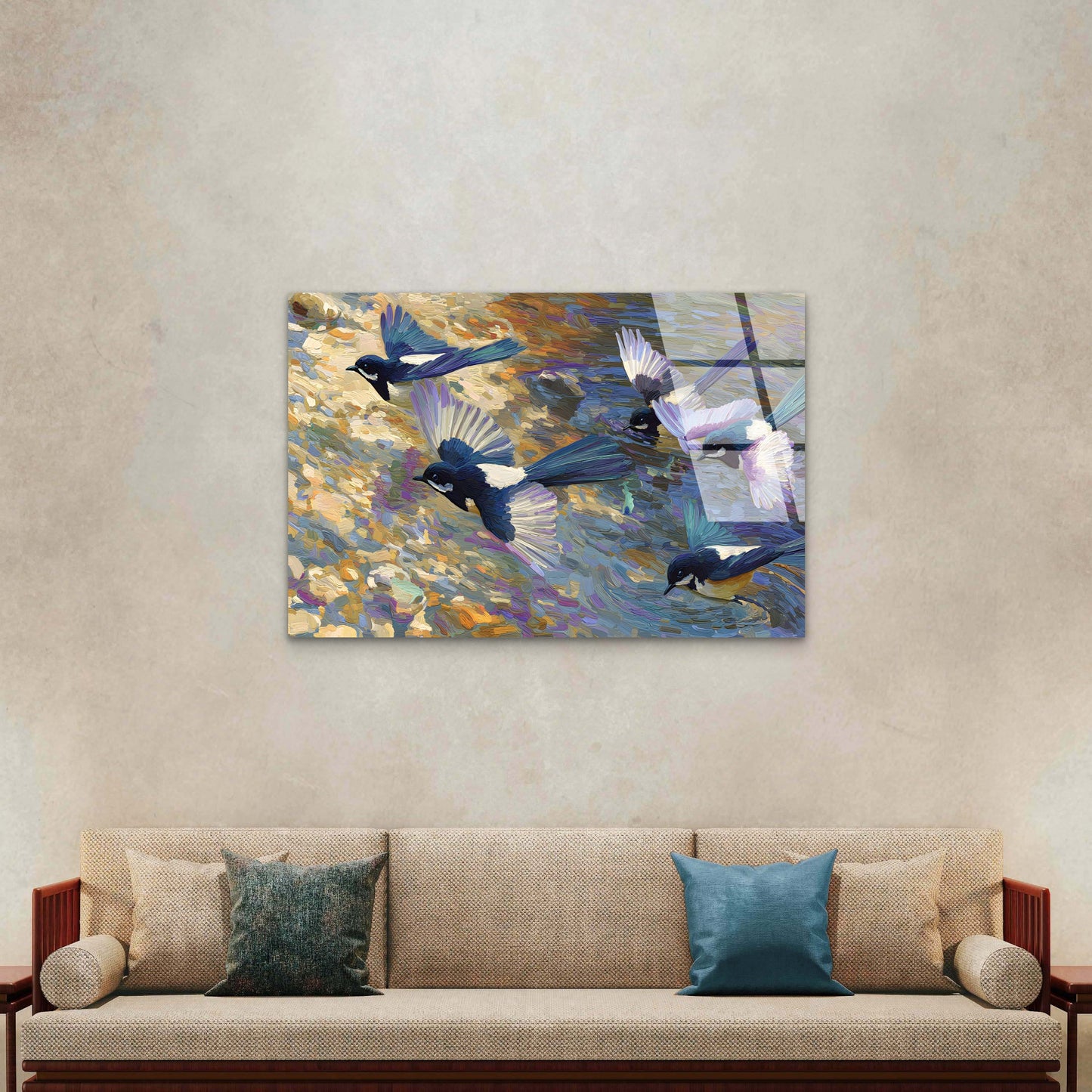 Flying Magpie Bird Flock Paint Acrylic  Glass Printing Wall Art Australian Made Quality