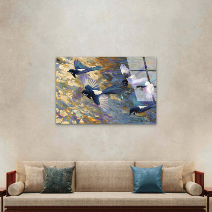 Flying Magpie Bird Flock Paint Acrylic  Glass Printing Wall Art Australian Made Quality
