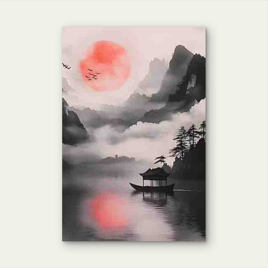 Chinese Ink Wash Style Landscape with Sunset 60x90cm Metal Print Ready to Hang