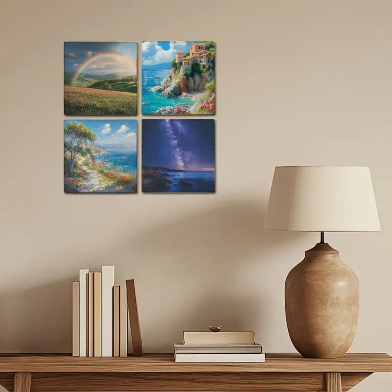 4pcs Funny Day Casstle And River View Wall Art Canvas Framed