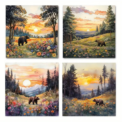 4pcs Bear Sunset View Picture Wall Art Canvas Framed