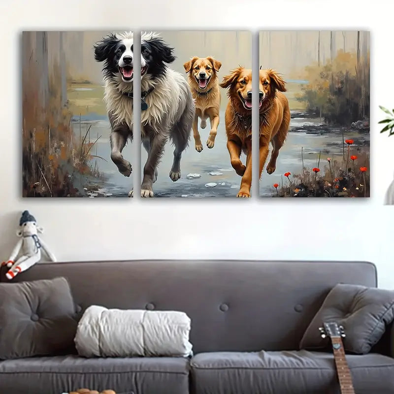 3pcs Dog Run Autumn Forest Scene Wall Art Set Canvas Framed 40x60cm - High Quality Print 100% Australian Made Wall Canvas Ready to Hang - Bella Home Decor