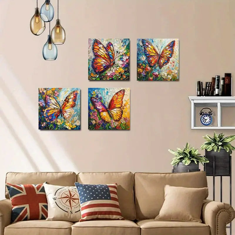 4pcs Vibrant Butterfly & Floral    B    Wall Art Canvas Framed