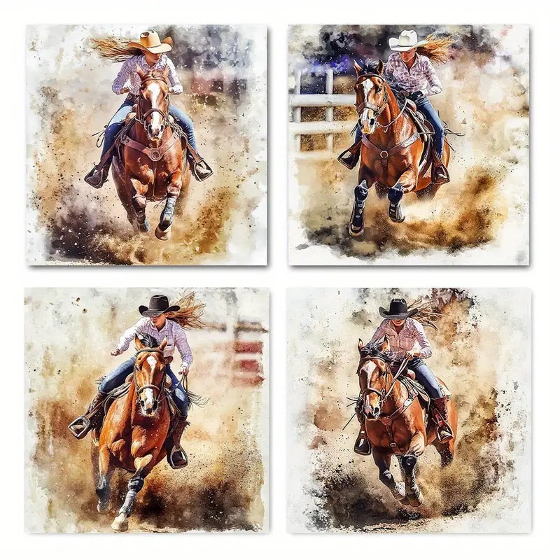 4pcs Watercolor Western Action Scenes Wall Art Canvas Framed