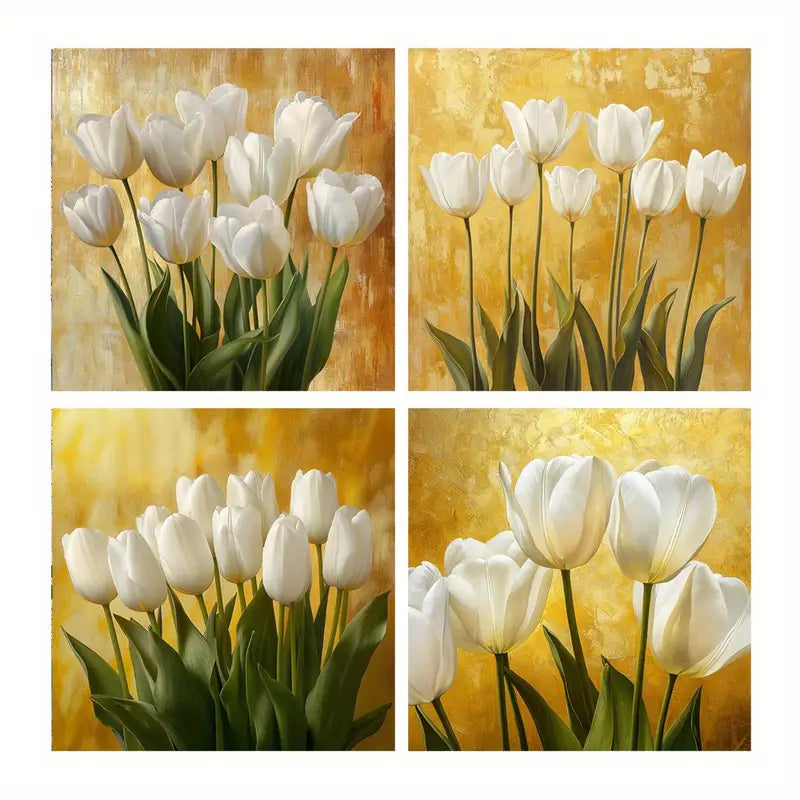 4pcs Yellow Background White Tulips Poster Wall Art Canvas Framed