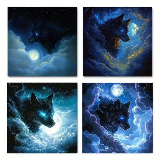 4pcs Blue Wolf under the moon Suitable  FG  Wall Art Canvas Framed