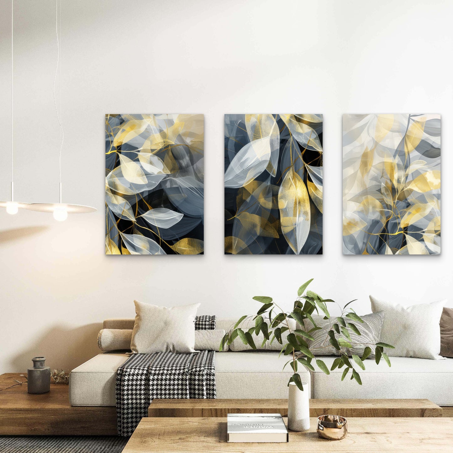3pcs Modern Gold Navy Botanical Leaf   Wall Art Set Canvas Framed 60x90cm - High Quality Print 100% Australian Made Wall Canvas Ready to Hang
