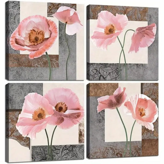 4pcs Pink Flower Wall Art Floral Pictures Wall Art Canvas Framed