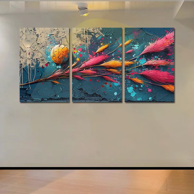 3pcs Stylized Reeds with a Circular Element Wall Art Set Canvas Framed 50x70cm - High Quality Print 100% Australian Made Wall Canvas Ready to Hang