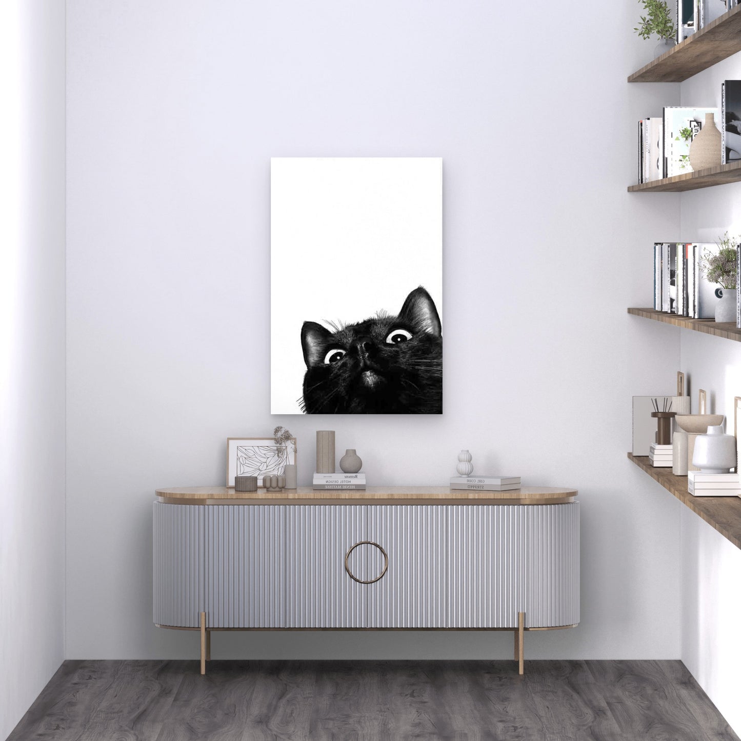 Playful Black Cat On White Background Metal Print Ready to Hang