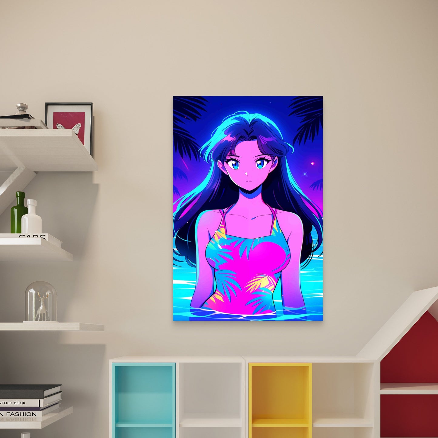 Cartoon Illustration Girl Wearing Swimsuit Summer 60x90cm Metal Print Ready to Hang - Bella Home Decor