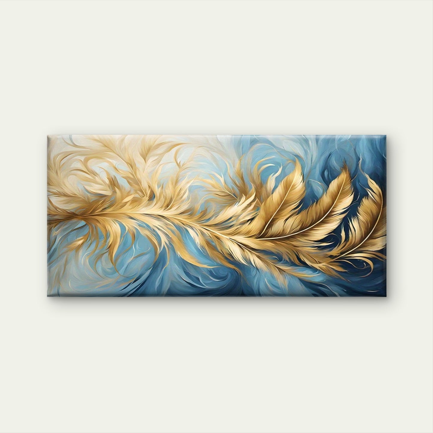 Golden Feathers on Blue Back Wall Art Canvas Office Home Room Framed 120x60cm