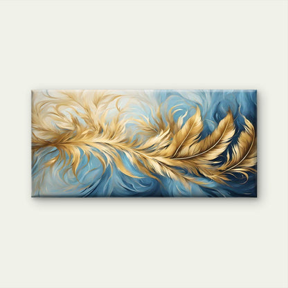 Golden Feathers on Blue Back Wall Art Canvas Office Home Room Framed 120x60cm