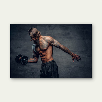Tattooed Bodybuilder Lifting Dumbbell Workout Gym Fitness 5mm thick Plastic Poster Ready to Hang 90x60cm