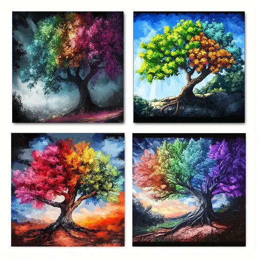 4pcs  Abstract Colorful Tree Vintage TYT   Wall Art Canvas Framed