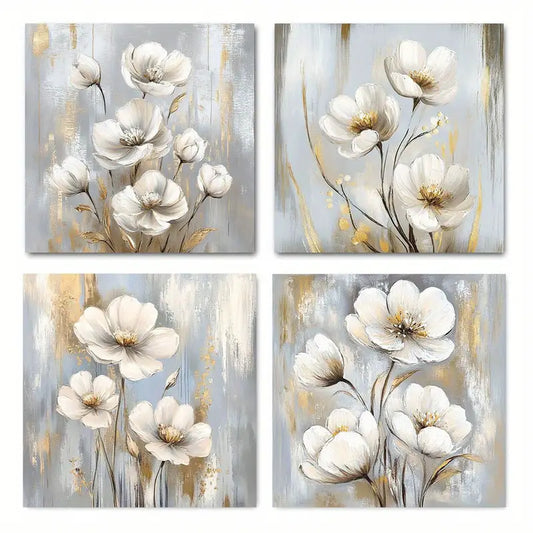 4pcs Blooming Flowers With Golden Accents Wall Art Canvas Framed