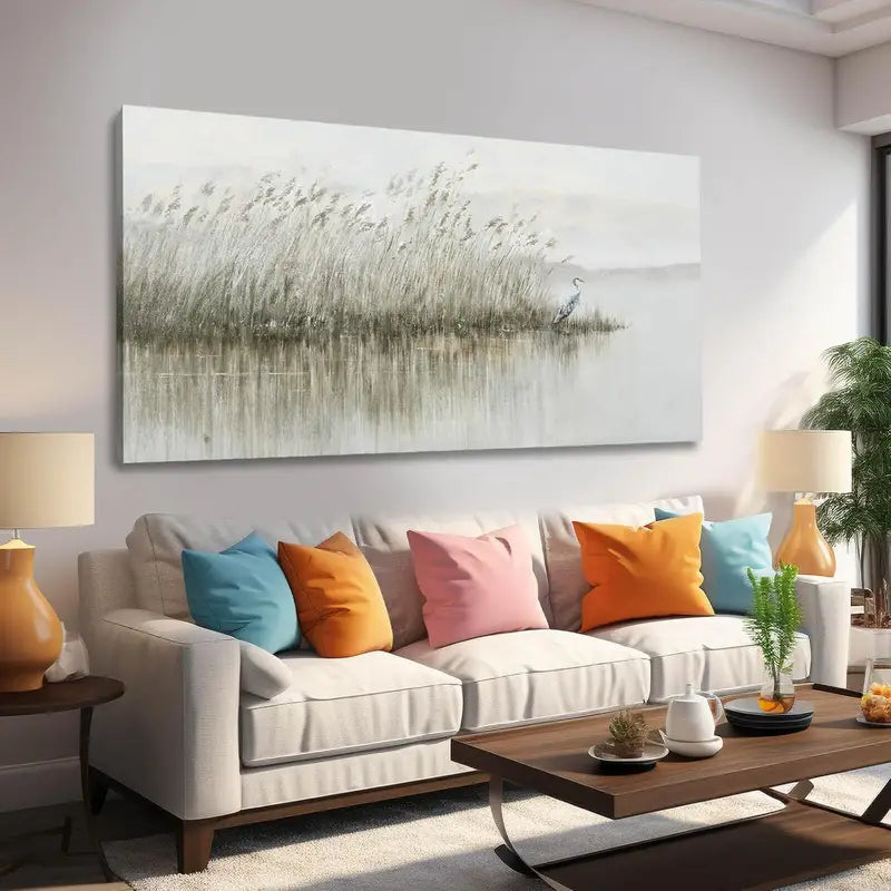 Vintage Reed & Egret Serene Nature Wall Art canvas office home room framed 120x60cm - Bella Home Decor