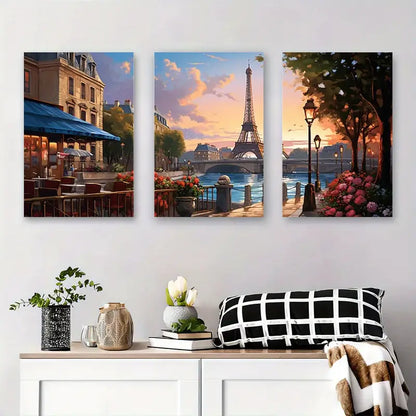 3pcs Parisian Riverbank & Eiffel Tower Metal Print Ready to Hang Art